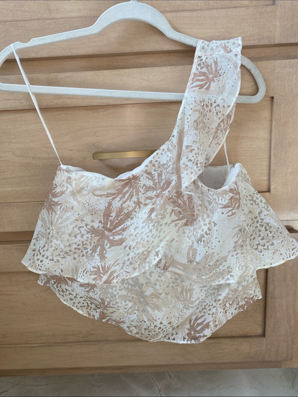 Ramy Brook White & Tan Floral Ruffle One-Shoulder Camisole